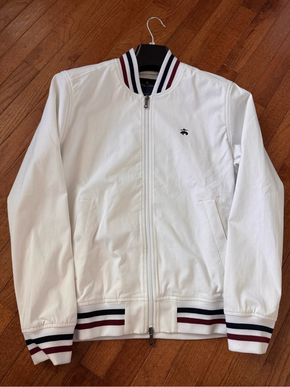 Brooks Brothers White Bomber Jacket with Navy & Burgundy Stripes